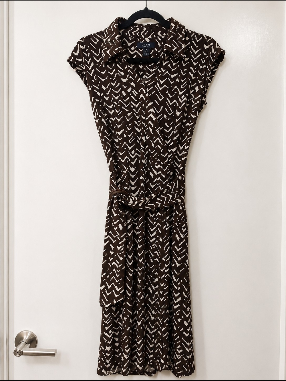 Brown & White Abstract Print Shirt Dress with Tie Belt